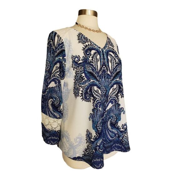 Women's Tunic Lg Lace V-Neck 3/4 Sleeve  Blouse Blue Paisley Top Large NWOT - Picture 4 of 7